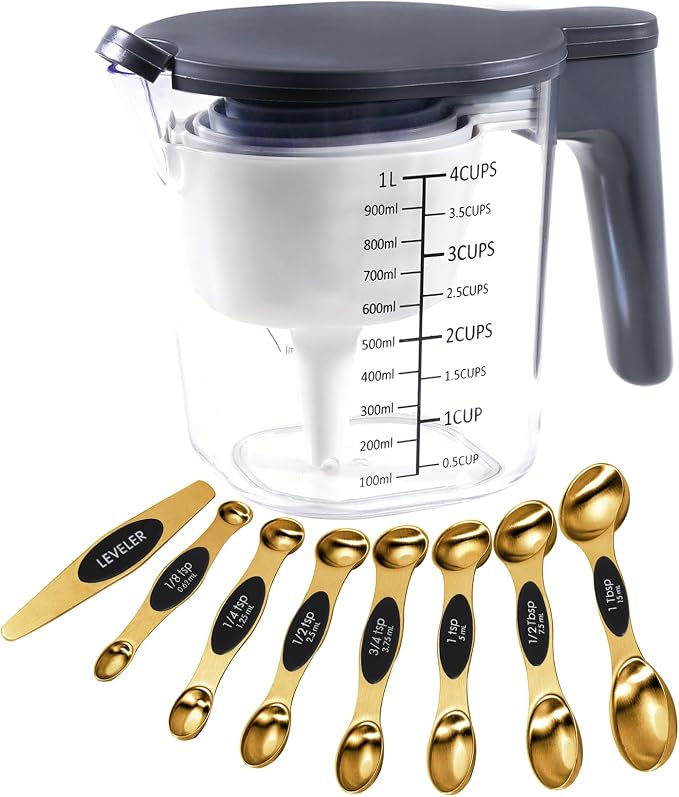18-Pc Magnetic Measuring Cups and Spoons Set, with Lid, Golden | Includes 1 cover, 9 stackable cups set & 8 magnetic spoons, BPA-free & dishwasher safe, for liquid and dry baking