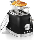 Wiltal Retro Toaster 2 Slice, 1.58" Extra Wide Slot Stainless Steel with Dust Cover and Warming Rack, Glossy Black Finish with Defrost/Reheat/Cancel Functions, Removable Crumb Tray