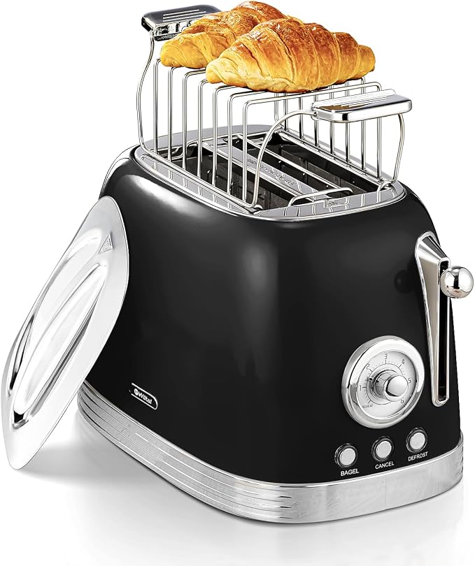 Wiltal Retro Toaster 2 Slice, 1.58" Extra Wide Slot Stainless Steel with Dust Cover and Warming Rack, Glossy Black Finish with Defrost/Reheat/Cancel Functions, Removable Crumb Tray