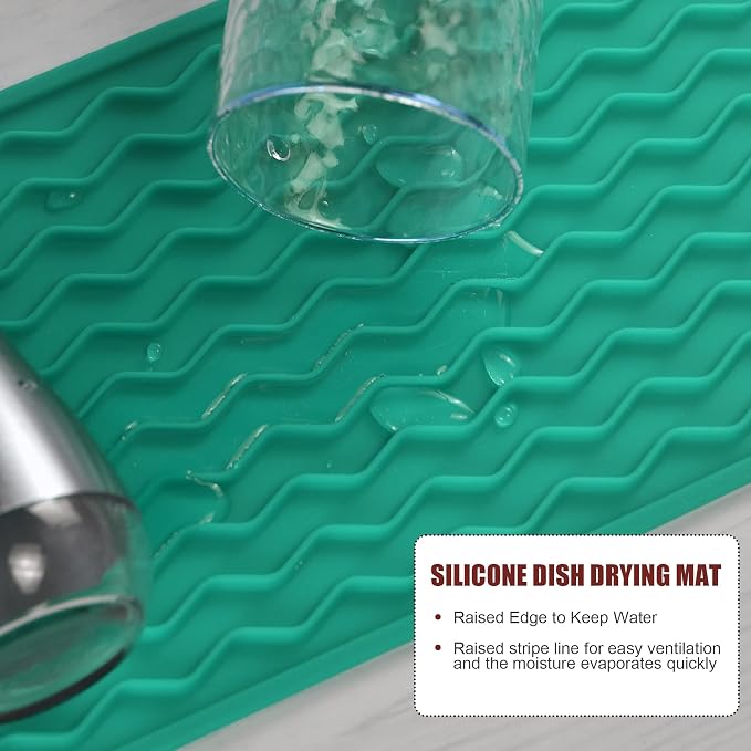 Silicone Dish Drying Mat, Non-Slip Easy Clean Sink Mat, Green, 12" x 6" | Quick-Dry Ridges, Large Heat-resistant Dish Drainer Mat for Kitchen Counter, Hangable & Roll-Up for Storage, Dishwasher Safe