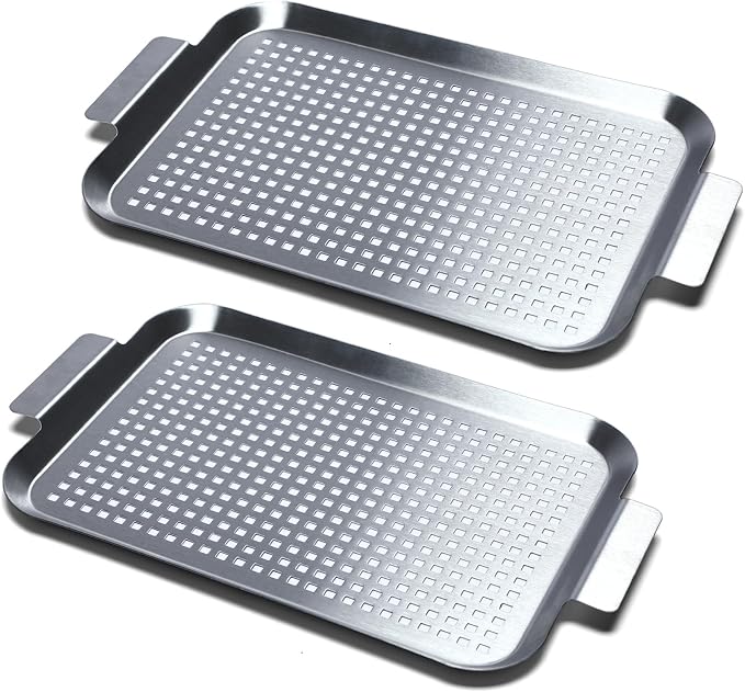 Grill Pan Set of 2, BBQ Grill Topper for Outdoor Grill, Middle | Stainless Steel Grilling Baskets with Holes and Handles, Perforated Food Tray Barbecue Accessories for Vegetable, Fish