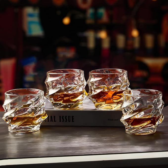 GLASKEY 12 oz Storm Japanese Whiskey Glasses Set of 4, Unique Cognac Glasses, Heavy Thick Bottom Bar Glass for Scotch Bourbon Rum Gin Water Cocktail,Gifts Men Gifts Ideas