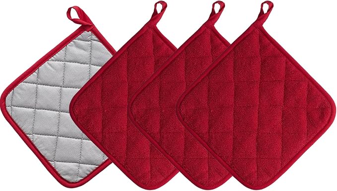 Kitchen Pot Holders Set Heat Resistant Pure Cotton Potholders Kit Trivets Large Coasters Hot Pads Terry Pot Holders for Everyday Cooking and Baking by 7 x 7 Inch Set of 4 Red