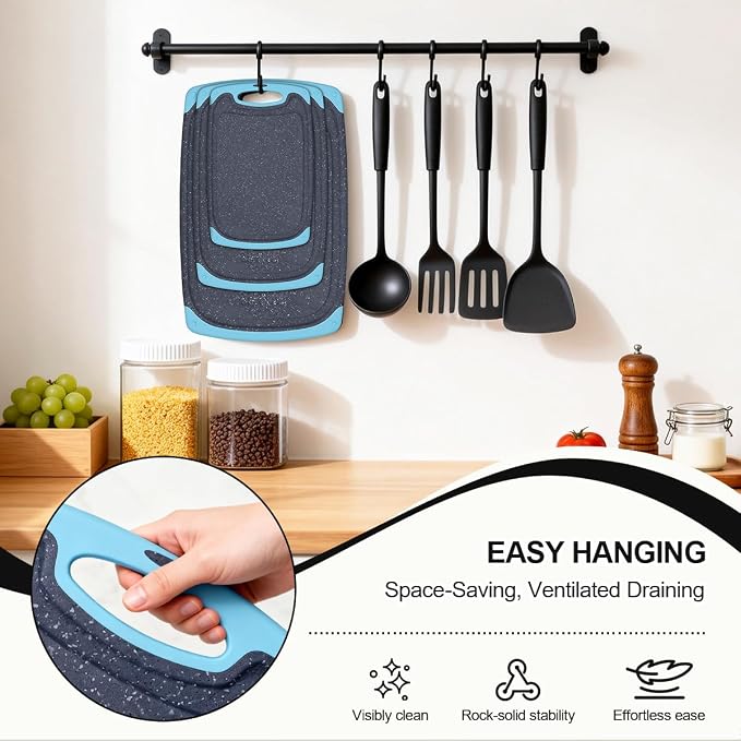 Plastic Cutting Boards for Kitchen non BPA, 3 Pieces, Dishwasher Safe, Aqua | Chopping boards Set with Juice Grooves, Easy Grip Handle, Non-Slip, Grinding Area for Grinding Garlic and Ginger