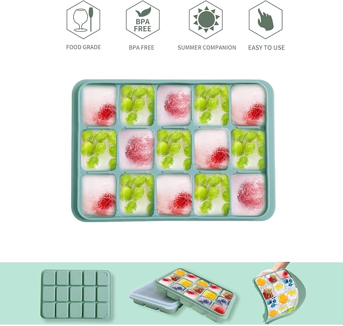 Tvmania Ice Cube Trays Set of 2, 15-Cube Silicone Molds with Removable Lids | Stackable, easy release, BPA-free, reusable, for freezer and whiskey