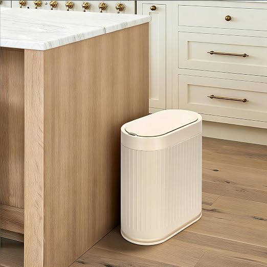 SYNCVIBE Bathroom Trash Can with Lid, 2 Gallon, Automatic Lid, Beige | Motion Sensor Garbage Can, 7.5 Liter Smart Trash Bin, IPX5 Waterproof Narrow Plastic Wastebasket for Bedroom and Office