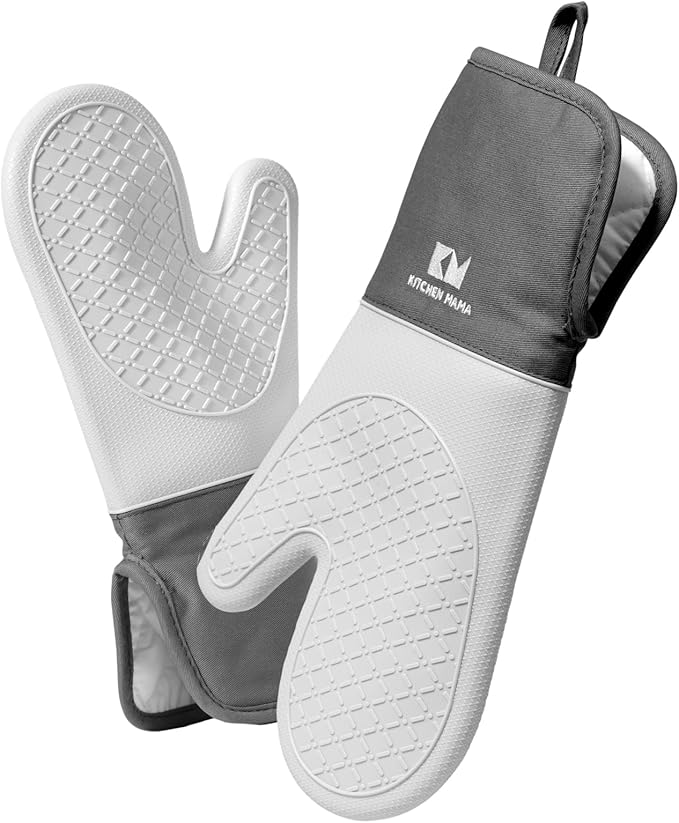 Kitchen Mama UltraShield Silicone Oven Mitts, Metal Gray | Heat Resistant, Non-Slip Surface, Waterproof, Flexible, Durable