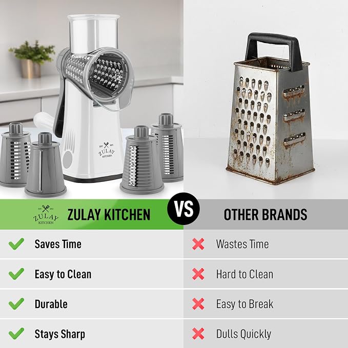 Zulay Kitchen Rotary Cheese Grater 5 Blade Cheese Shredder - Manual Hand Crank Cheese Grater With Reinforced Suction & 5 Interchangeable Drums - Easy to Use, Vegetable Chopper Round Mandoline Slicer