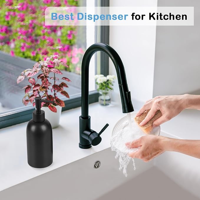 14OZ Hand and Dish Soap Dispenser Set for Bathroom & Kitchen (White+Black) | Ceramic, Pump Dispenser Bottle, Refillable Hand Soap, Dish Soap, Liquid and Lotion, for Kitchen Sink, Bath, Bedroom