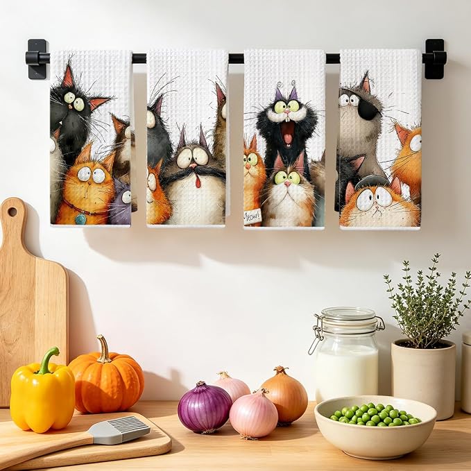4 Pcs Cute Cat Kitchen Towels, Funny Cats Gifts Absorbent Hand Towels-07 | Cat Dish Cloths for Drying Dishes, Cats Waffle Dish Towels for Kitchen Home Bathroom Decor, Cat Lover Gifts for Women Mom