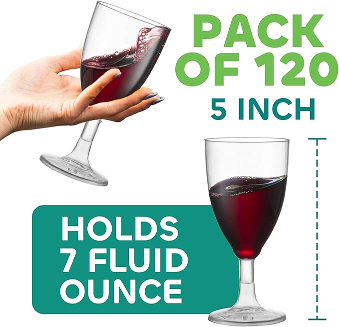 7 Oz Clear Disposable Plastic Wine Glasses (120-Pack) BPA-Free Stemmed Cups | Reusable Party Cups for Outdoor Parties, Weddings, Toasts, Wine, Cocktails, Drinks, Catering, Receptions & Celebrations