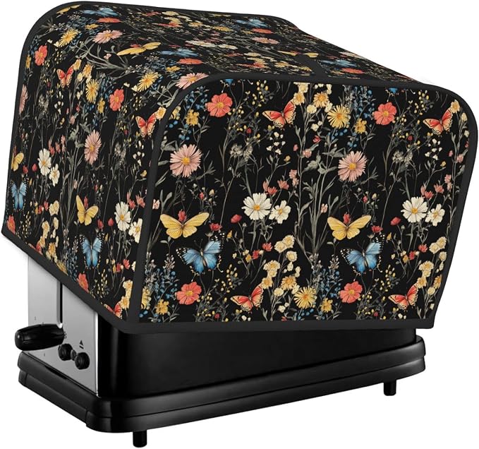 4 Slice Toaster Cover Wildflower Botanical Butterfly Flower Dust Proof Washable Kitchen Appliance Cover with Pocket, Oxford Fabric Countertop Toaster Protector for Standard Toasters Small Appliances