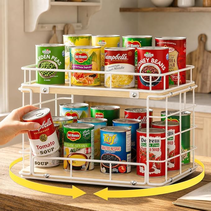 360° Rotating Lazy Susan Can Organizer for Pantry, Holds 26 Cans, White | 2-Tier Metal Wire & Wood Turntable Can Rack Holder, Storage for Canned Goods, Kitchen Pantry Cabinets & Countertops