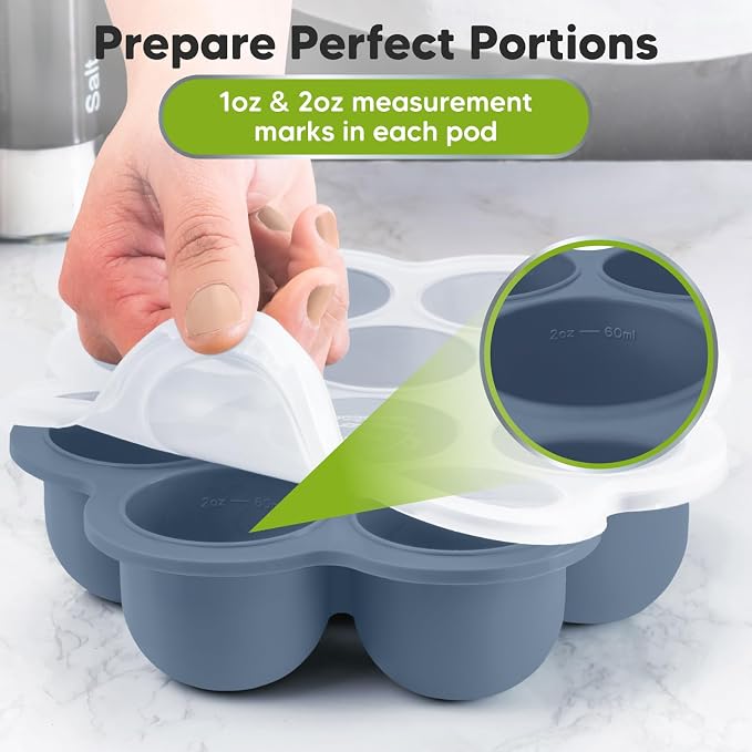 KeaBabies Silicone Food Freezer Trays with Lid, 2oz x 10 Pods (Slate) | Baby Food Storage Containers, Easy Puree Meal Prep, Breast Milk Silicone Freezer Molds, Dishwasher, Microwave Safe, BPA-Free