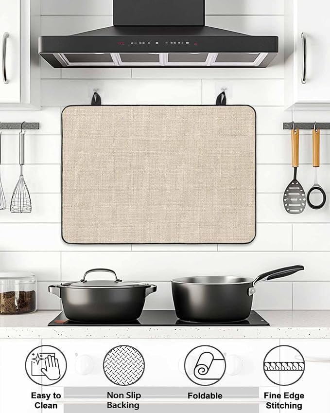 Stove Top Covers for Electric Stove 31x24 Inches, Vintage Cream HeatResistant Glass Cooktop Protector, Farmhouse Retro Solid Color Linen Texture Ceramic Stovetop Countertop Covers Mat, Oven Cover