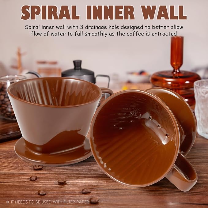 Pour Over Coffee Dripper, Ceramic Pour Over Coffee Maker, Brown | 3 Holes Flat Bottom, Easy Manual Brew Maker, Porcelain Slow Filter Cone for Travel, Camping, Office, Home