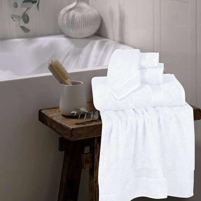 Ultra Soft 6 Pack Cotton Towel Set, Contains 2 Bath Towels 28x55 inch, 2 Hand Towels 16x24 inch & 2 Wash Coths 12x12 inch, Ideal Everyday use, Compact & Lightweight - White