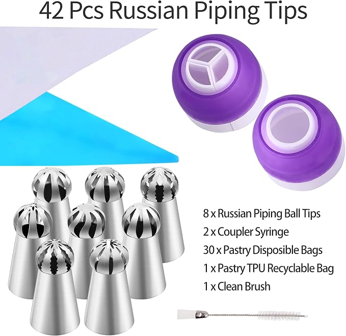 42 Pcs Russian Piping Tips Set, 8 Nozzles Flower Frosting Icing Tips Russian Ball Piping Tips for Cake Decorating Kit, 2 Couplers 30 Pastry Baking Bags 1 Cleaning Brush, 1 Reusable Silicone Bag YLYL