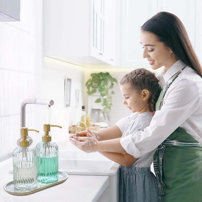 JASAI 2PACK 18Oz Fluted Glass Soap Dispenser with Golden Rust Proof Pump | Refillable Kitchen Soap Dispenser with Vertical Stripe, Bathroom Soap Dispenser for Hand Soap, Dish Soap, liquid Soap, Lotion