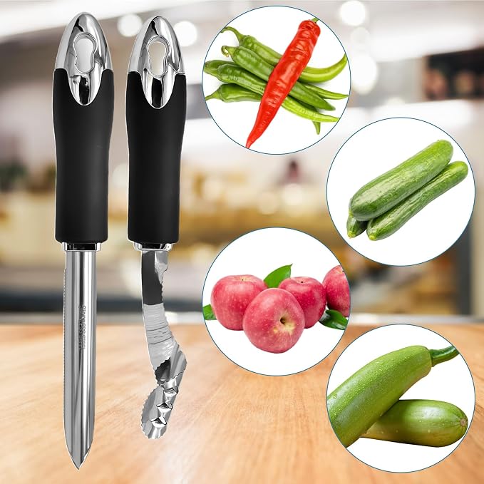 2Pcs Jalapeno Pepper Corer Zucchini Cucumber Corer Tool with Serrated Slice & Rubber Handle Stainless Steel Pepper Seed Remover for Kitchen Deseeder or Slice off Vegetables Tops