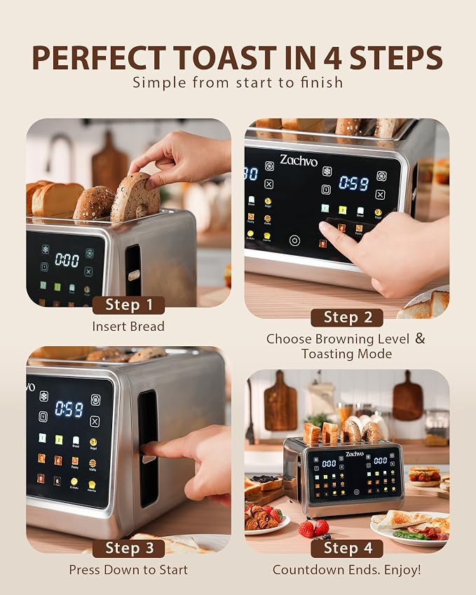 4 Slice Smart Toaster with Dual Independent Controls for Family Breakfast | Touchscreen, 1.5" Extra-Wide Slots, 6 Bread Modes, 6 Shade Levels, One-Sided Bagel Toasting, Defrost, Reheat, Stainless Steel