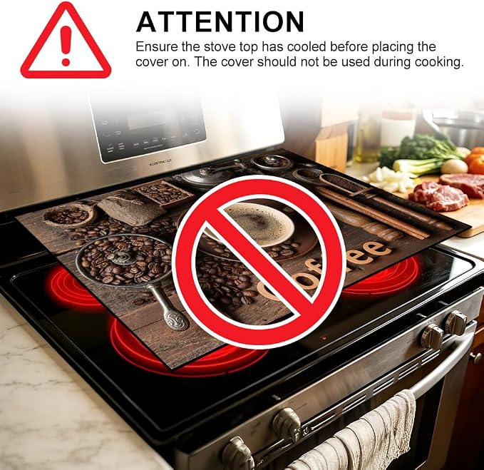 Coffee Stove Top Cover, Cafe Kitchen Decor, 28x20 in | Coffee beans, grinder and espresso cup flatlay on dark wood; flat-printed non-slip mat; protects glass cooktops; 28x20 in