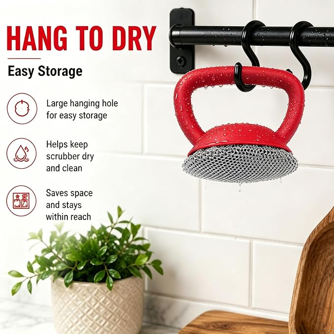 Welded Chainmail Cast Iron Scrubber with Heavy Duty Handle,3mm Fine Ring | Long Lasting Cast Iron Cleaner with Hanging Hole,Metal Sponge Scour Cleaning Grill, Skillet, Frying Pan, Wok,Dutch Oven - Red