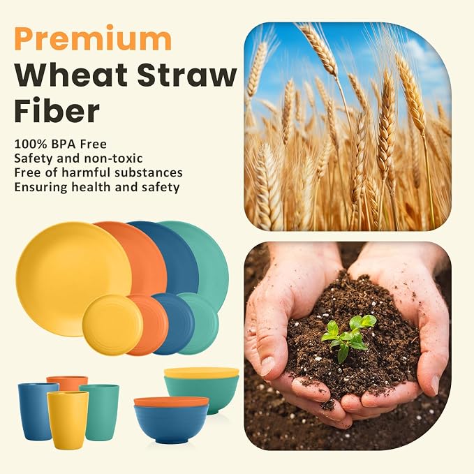 Dish Set Wheat Straw Dinnerware Sets Unbreakable Reusable Dinnerware Set 16 PCS Cups Plates and Bowls Sets, Microwave and Dishwasher Safe Dishes for Camping, Outdoor - Colorful