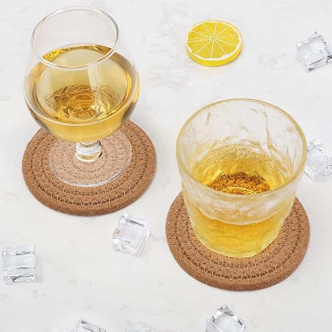 ABenkle Drink Coasters with Holder Set of 10, Cotton Woven Absorbent Coasters for Drinks, Minimalist Home Decor Coaster Set for Wooden Tabletop Protection Table, 4.3 inches