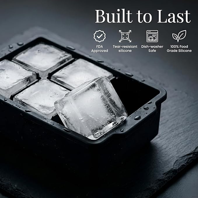 KitchFort® Large Silicone Ice Cube Tray (6-Pack), Easy Release 2" Big Ice Cubes - Cocktail, Whiskey Ice Cubes Mold - Ice Trays for Freezer with Lid - Stackable Silicone Ice Tray - Black