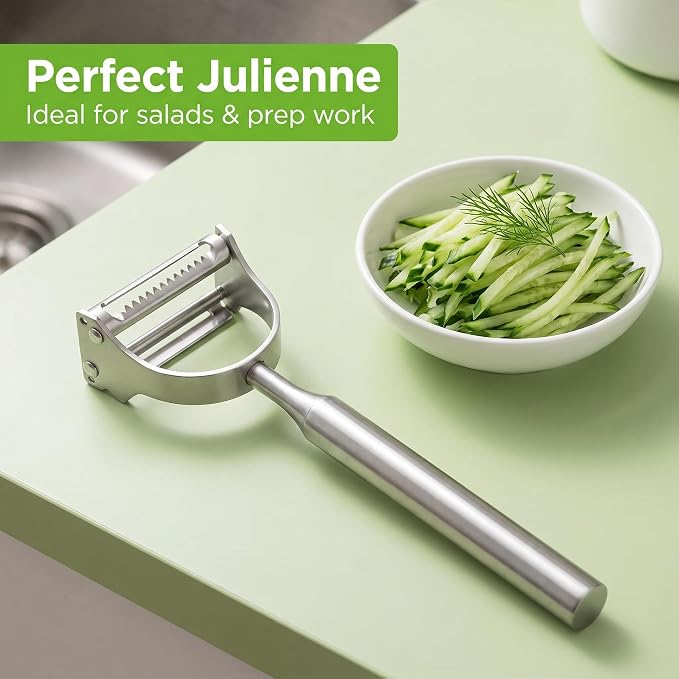 2-in-1 Stainless Steel Julienne Vegetable Peeler, One-Piece Metal Construction, Sharp Dual Blades for Potatoes, Carrots, Apples, Citrus, Dishwasher Safe