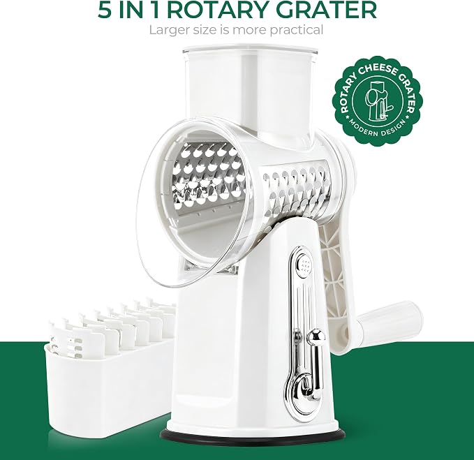 SUSTEAS Rotary Cheese Grater 5 Blades,Kitchen Mandoline Vegetable Slicer | White, Easy to Clean, Strong Suction Base, 5 Blades Storage Box, Round Mandoline Slicer & Food Chopper for Salad