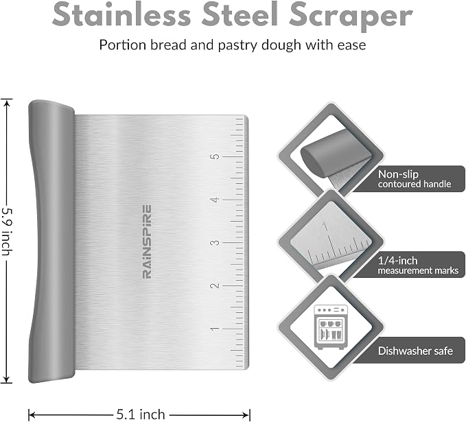 Upgraded 304 Stainless Steel Multi-Purpose Bench Scraper with Measurement Marks, Dishwasher Safe, Dough Cutter for Pizza, Bread and Cookie Dough Vegetable Chopper, Baking Supplies (Grey)