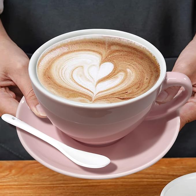 DeeCoo 11 oz Pink White Cappuccino Mug- Large Ceramic Coffee Cup with Saucer - Microwave and Dishwasher Safe, Perfect For Tea, Espresso, Latte - Porcelain Set for Kitchen or Cafe, Baristas, Great Gift