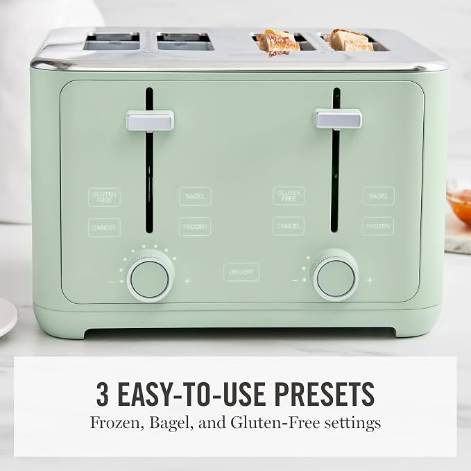 Martha Stewart 4-Slice Toaster, 3 Presets & 10 Shade Settings, Honeydew | Gluten-Free, Bagels, Extra-Wide Self Centering Slots, Waffles & Artisan Bread, Shade Memory, Cord Wrap & Removable Crumb Tray