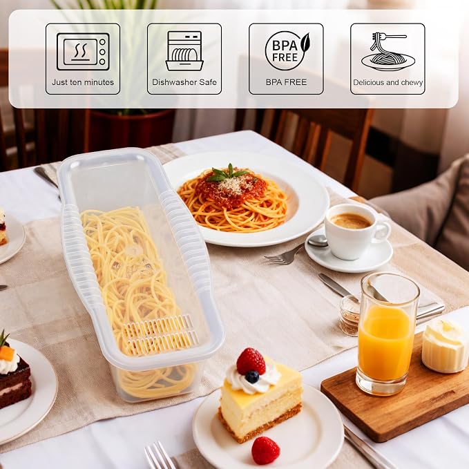 Microwave Pasta Cooker with Strainer Lid & Built-in Measuring Card | Quickly Cook 1-4 Servings-No Mess, Sticking or Waiting for Boil, Pasta Cooker in Microwave for Dorm, RV,Kitchen & Quick Meals