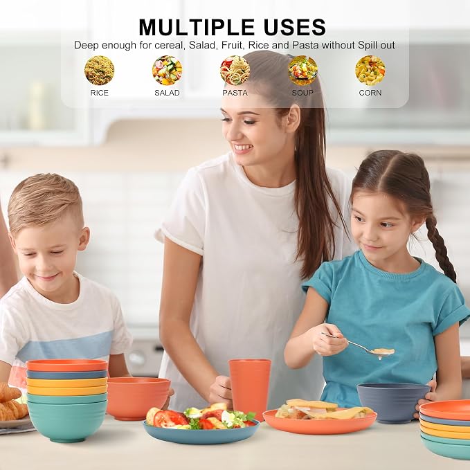 HOTEC 24-Pack Unbreakable Kitchen Plastic Wheat Straw Dinnerware Set – BPA-Free Plates, Bowls & Cups | Lightweight, Microwave & Dishwasher Safe | Multicolor Reusable Tableware for Home & Outdoor Use