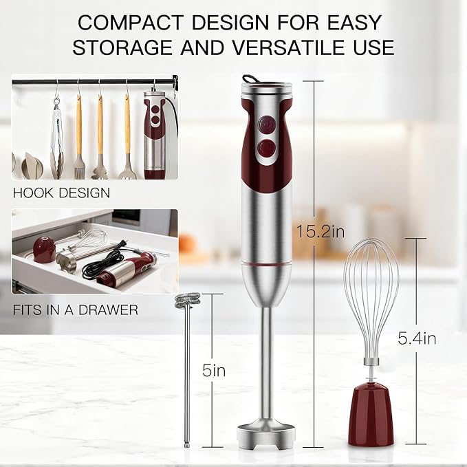 MEGAWISE Immersion Hand Blender 3-in-1, 12-Speed Stick Blender with Turbo, Egg Whisk & Milk Frother for Soups, Sauces, Smoothies and Baby Food, Red
