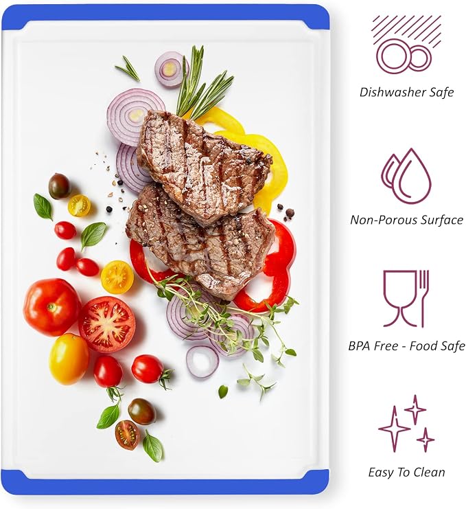 Extra Large Plastic Cutting Board for Kitchen - Blue 18-Inch Dishwasher Safe Chopping Board, Reversible Cutting Board with Juice Groove + Non Slip Feet for Meat, Fruit, Vegetables by Belwares