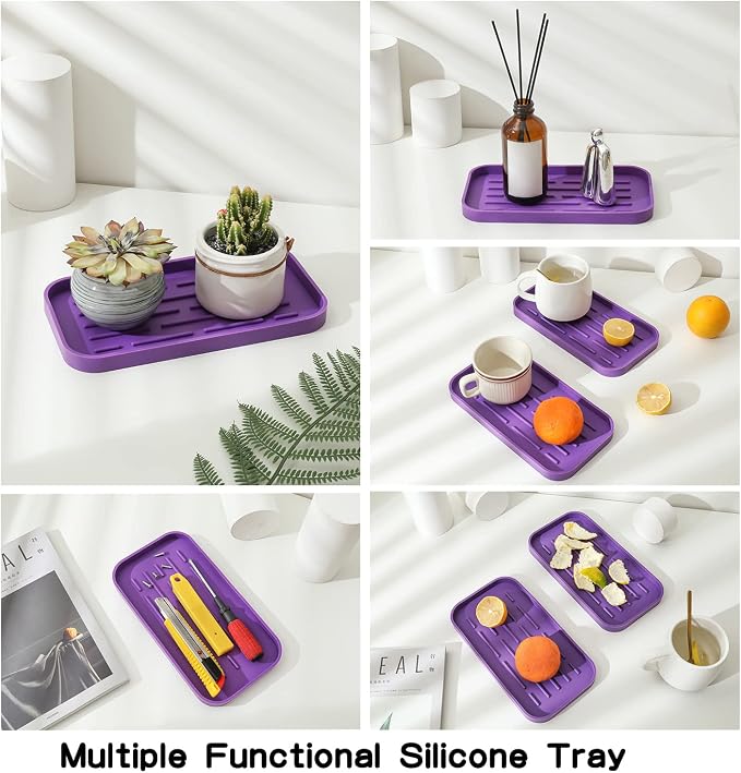 MicoYang Silicone Kitchen Sink Organizer Tray for Multiple Usage,Eco-Friendly Sponges Holder for Kitchen Bathroom Counter or Sink,Dish Soap Dispenser,Scrubber,Bottle,Cup (Purple, 10"×5.3")