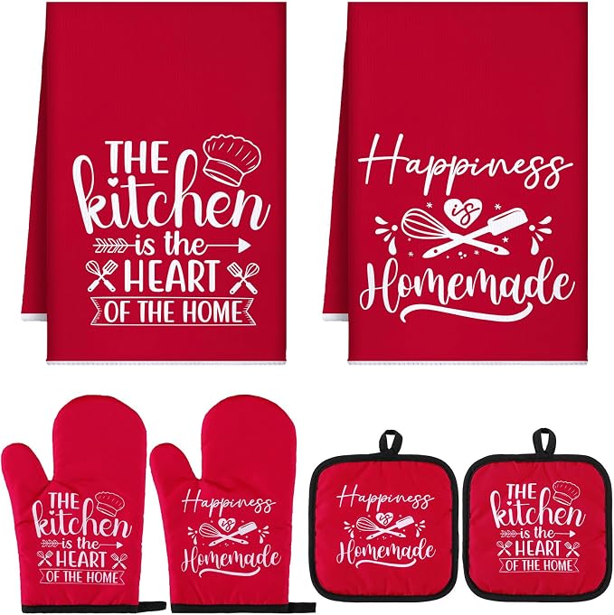 Sratte 6 Pcs Kitchen Decor Accessories Set, Kitchen, Red | Farmhouse Kitchen Towels Pot Holders Oven Mitts Set 2 Dish Towels 2 Potholders 2 Cooking Mittens for Baking Cooking Supply