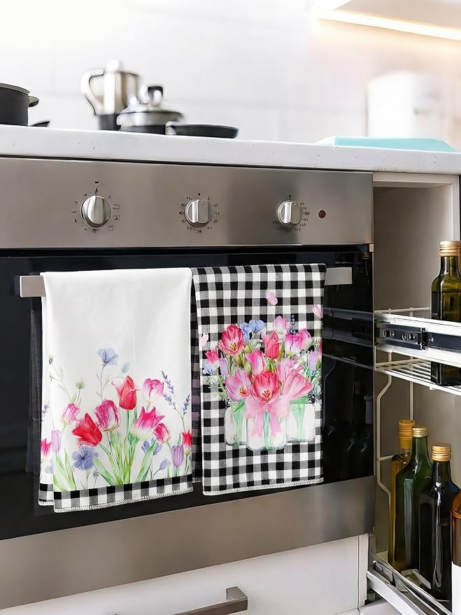 4 Pcs Tulip Kitchen Towels Floral Flower Hand Dish Towels | Pink White Wildflower Fast Drying Decorative Tea Dishcloth Housewarming Gift for Women Home Cooking Kitchen Bathroom Decor