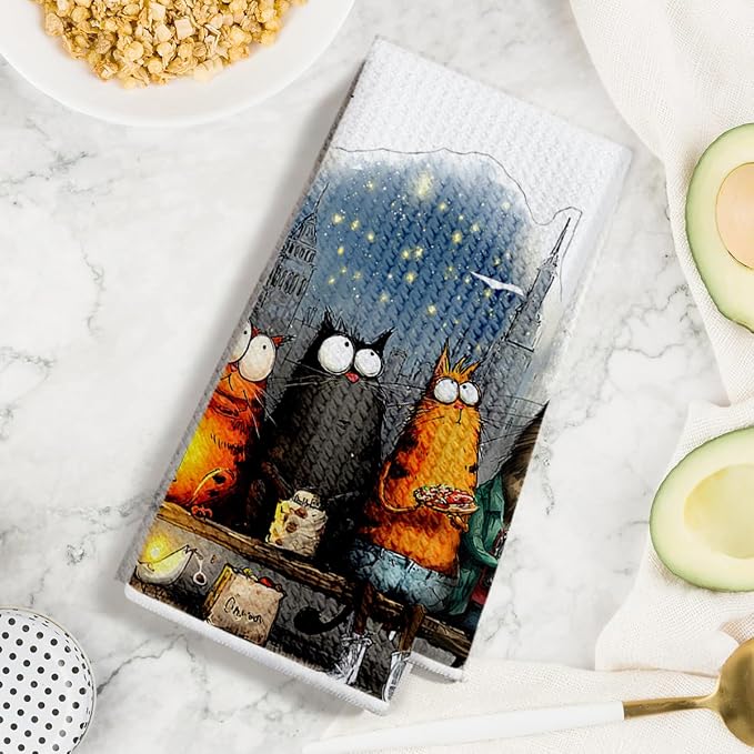 3 Pcs Cute Cat Kitchen Towels, Funny Cats Gifts Absorbent Hand Towels-04 | Cat Dish Cloths for Drying Dishes, Cats Waffle Dish Towels for Kitchen Home Bathroom Decor, Cat Lover Gifts for Women Mom