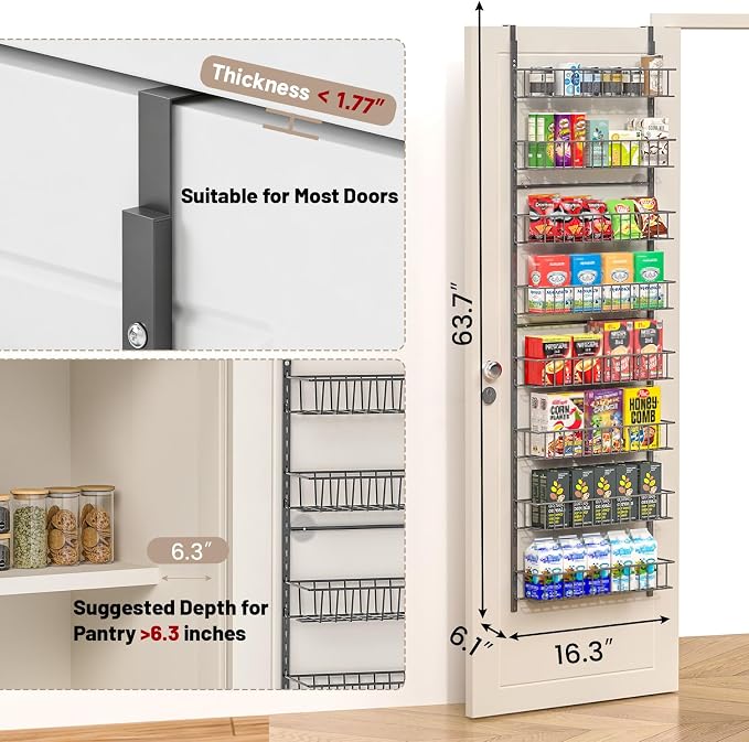 ElegantArray 8-Tier Pantry Door Organizer, Deep Gray | Over The Door, Hanging Spice Rack Shelves, Home Office Laundry Room Bathroom & Kitchen, Rack and Storage
