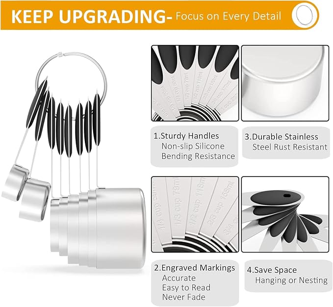 Wildone Measuring Cups and Magnetic Measuring Spoons Set, 16Pcs | 8 Stainless Measuring Cups, 7 Double-sided Magnetic Measuring Spoons & leveler for Spice Jar and Liquid Measuring, Black