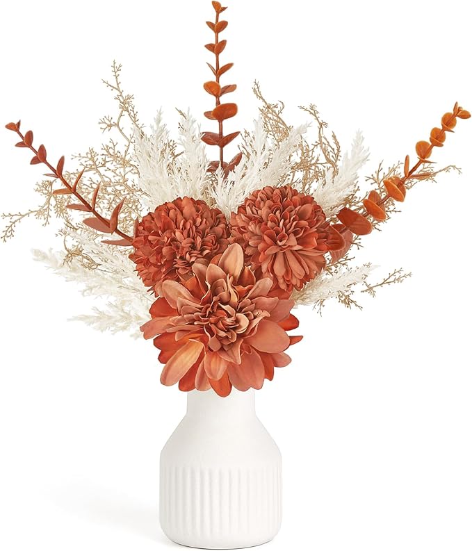 Mkono Fake Flowers in Ceramic Vase, 12.5" Coffee Table Centerpieces | Table Decor with vase, Small Silk Faux Artificial Flower Arrangements, Fits Bathroom Dining Room Kitchen Home Indoor Decor