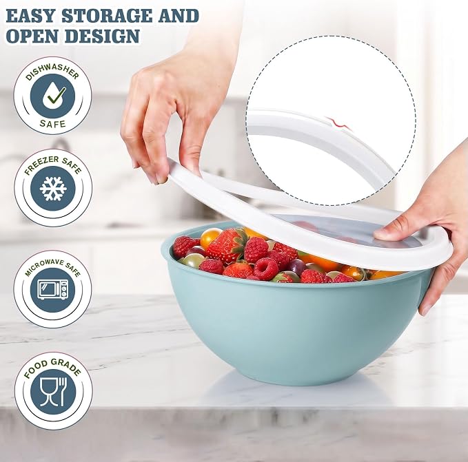 Greentainer 4-Piece Plastic Mixing Bowl Set with Lids for Kitchen, 67oz Lightweight Storage Bowls, Large Salad Bowls for Baking, Prepping, Cooking and Serving Food, Dishwasher & Microwave Safe