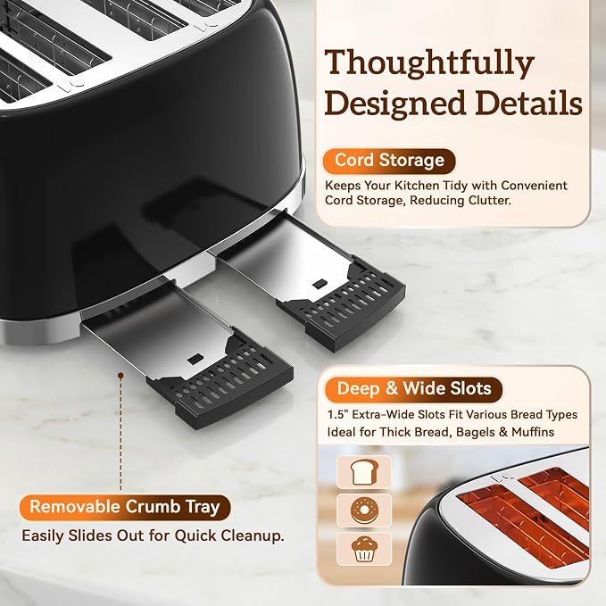 RONGBEST Retro Toaster 4 Slice with Stainless Steel Wide Slot Touch Screen for Family Breakfast, 6 Browning Levels for Bagel & Bread, Reheat & Defrost, Removable Crumb Tray, Jet Black