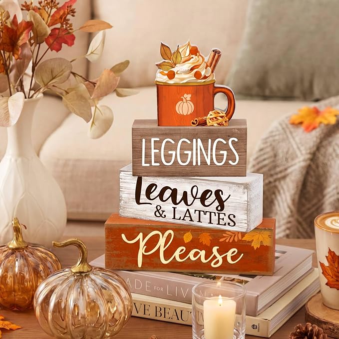 Lineshading 4 Pcs Fall Wood Block Signs Farmhouse Tiered Tray Decor Lattes | Rustic Tabletop Home Styling, Stacked Design with Pumpkin Cup Topper, Autumn Leaves Theme for Seasonal Gifting Display