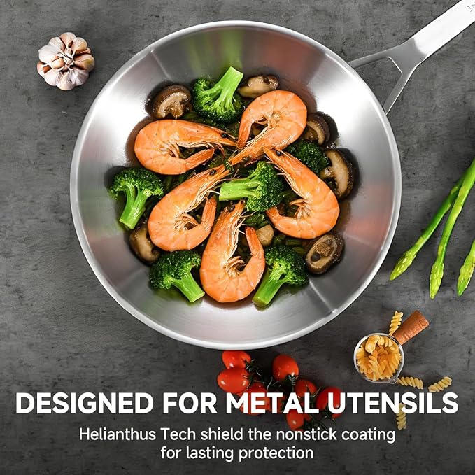Inqibee 12 Inch Stainless Steel Wok Pan with Lid, Detachable Handle | Uncoated Tri-Ply Stainless Steel Stir Fry Pan, Everyday Cooking Wok for Induction, Flat Bottom, Dishwasher & Oven Safe